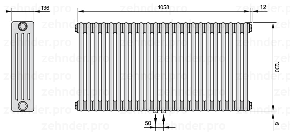 Схема (чертеж) Радиатор Zehnder Charleston 4120/23 №5410 Белый глянцевый RAL 9016